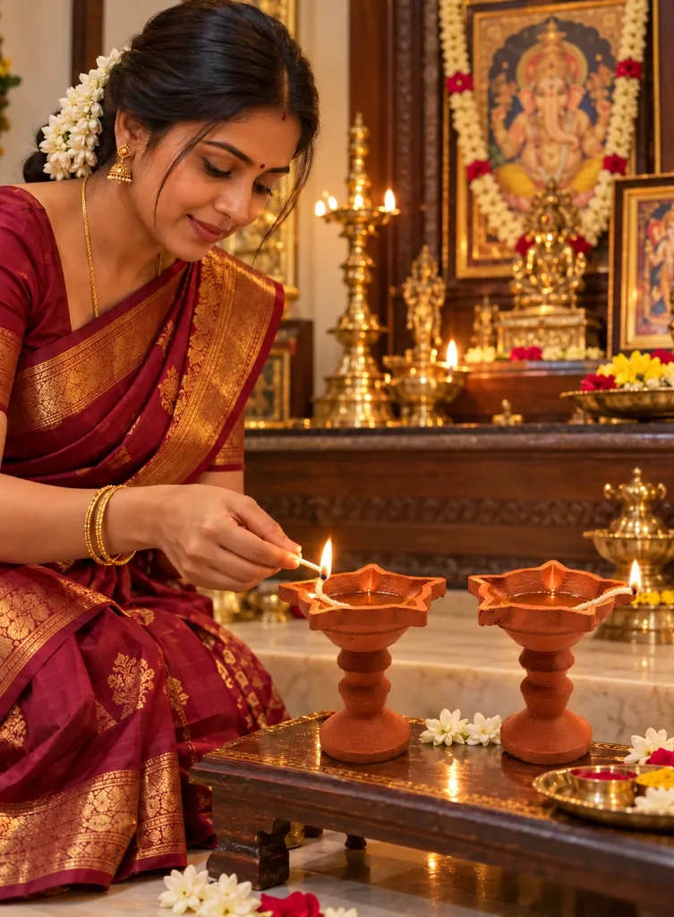 Woman lighting corner-wick terracotta lamps.webp